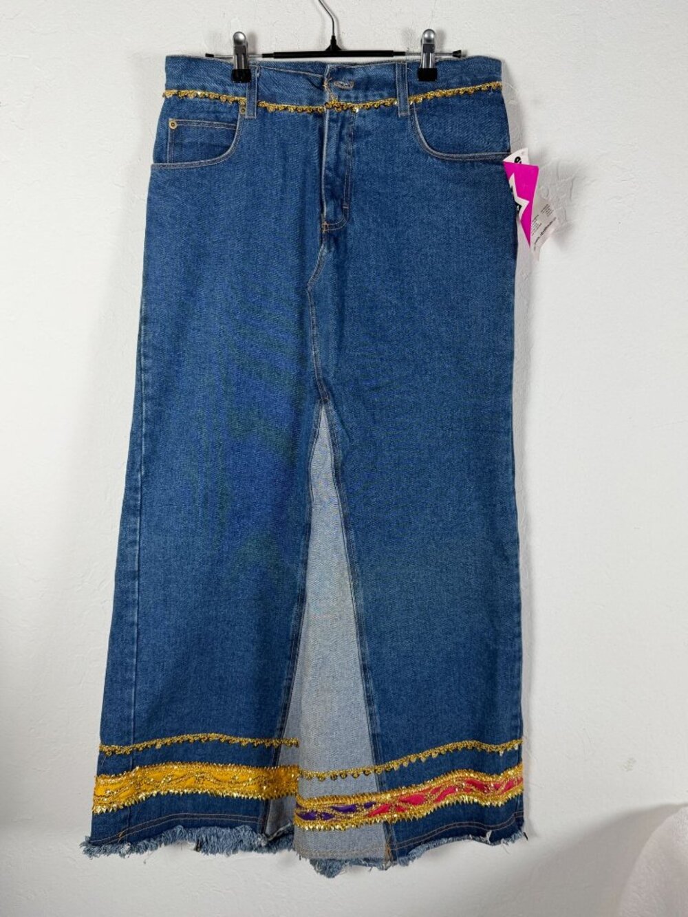 Dollhouse Juniors 9/10 Denim Maxi Skirt Gold Sequin Trim Frayed Hem Y2K Boho NWT